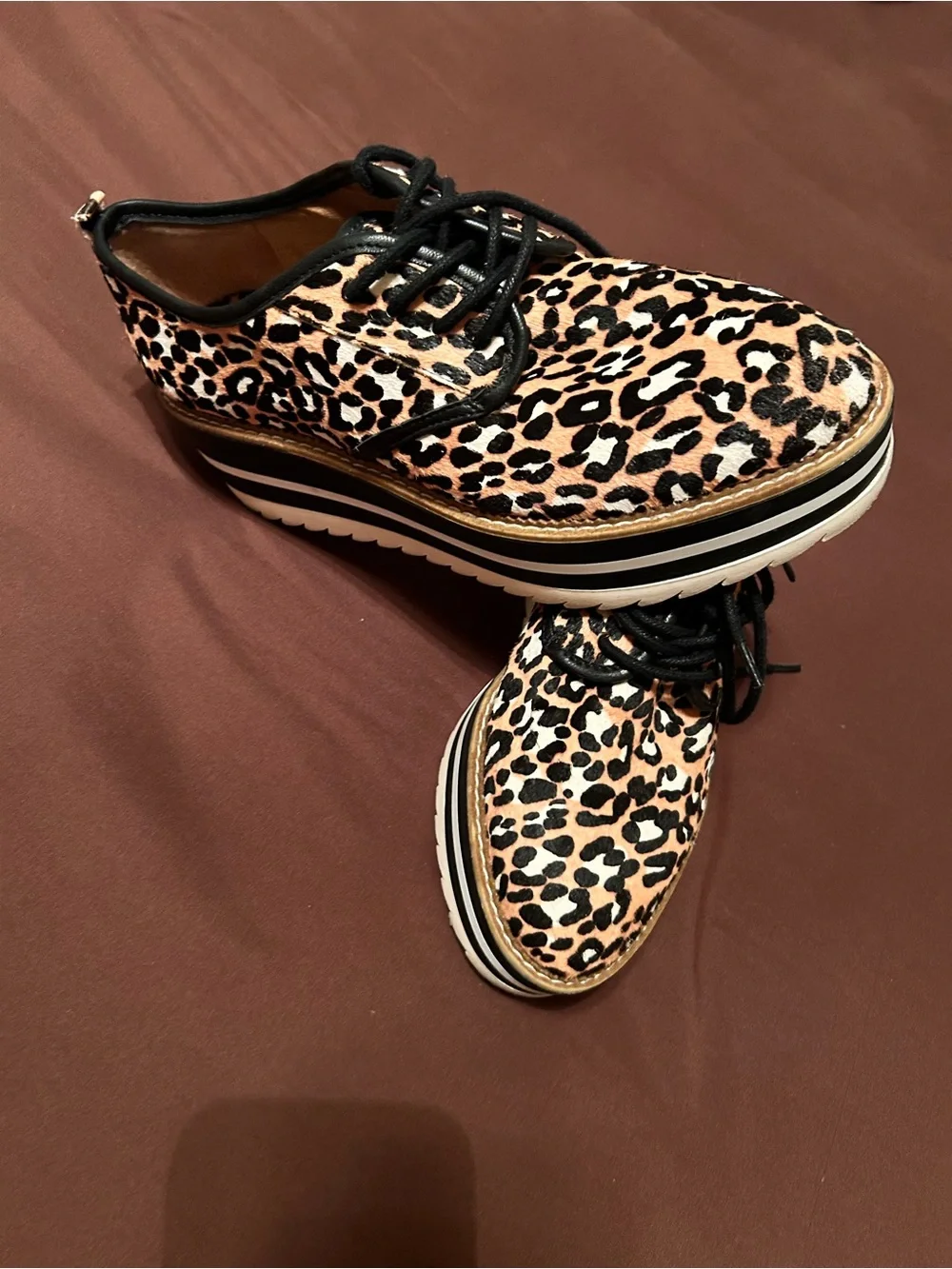 Giani Bini calf-hair leopard print, black/white stacked sole sz9 slaede oxford
